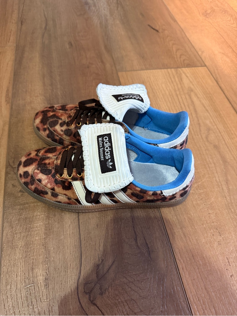 adidas Leopard Print Samba Shoes in Brown with Blue Lining